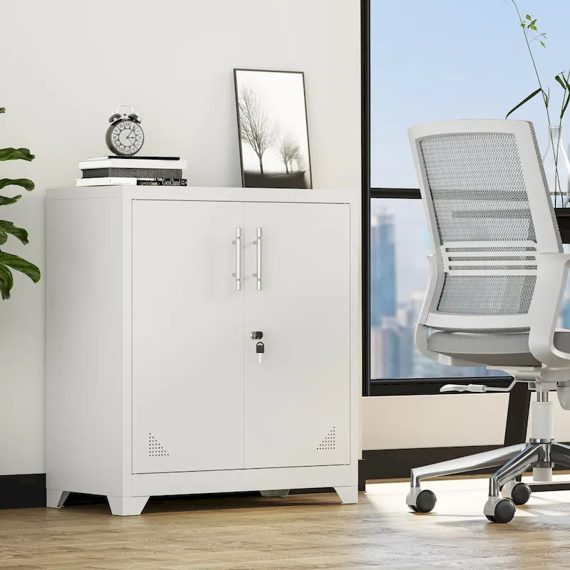 Armoire de rangement de bureau blanche en acier à double porte verrouillable avec étagères réglables