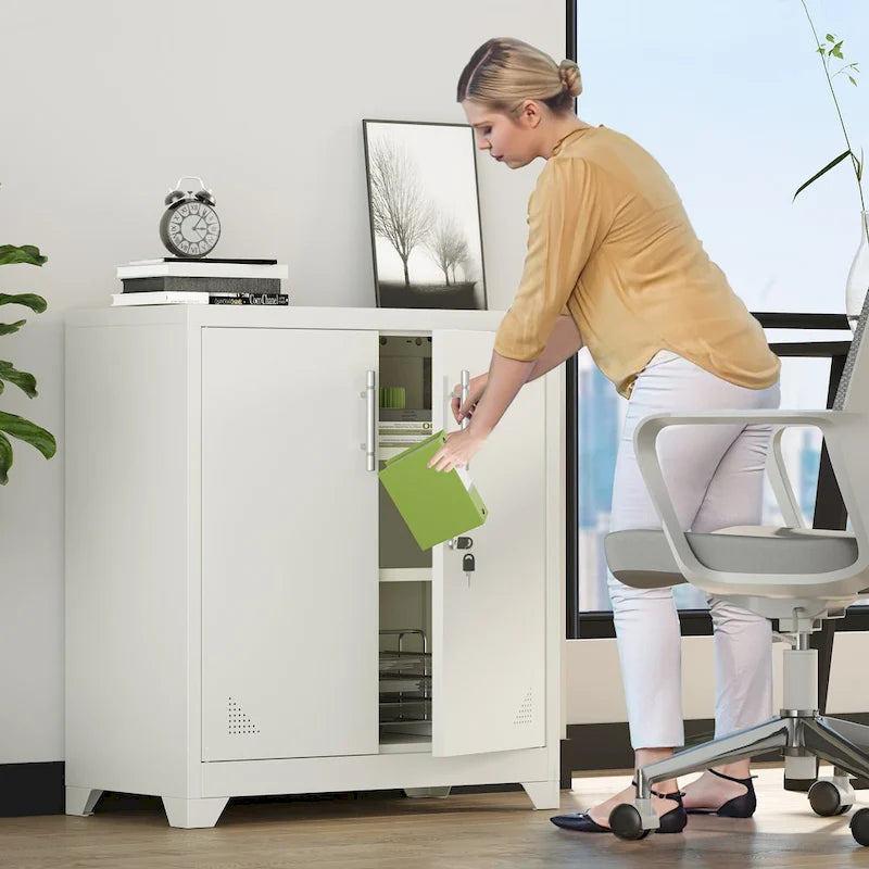 Armoire de rangement de bureau blanche en acier à double porte verrouillable avec étagères réglables