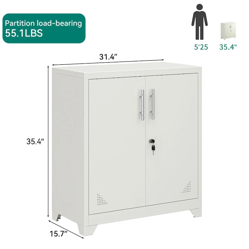 Armoire de rangement de bureau blanche en acier à double porte verrouillable avec étagères réglables