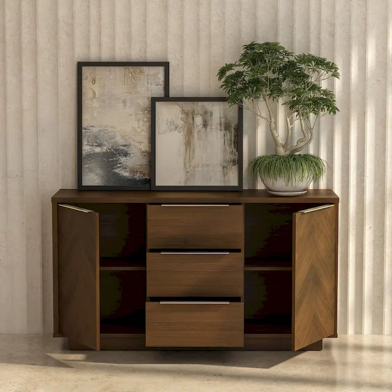 Vaisselier buffet à chevrons en acajou brun foncé avec portes à fermeture amortie