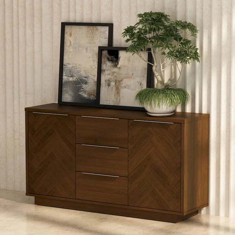 Vaisselier buffet à chevrons en acajou brun foncé avec portes à fermeture amortie