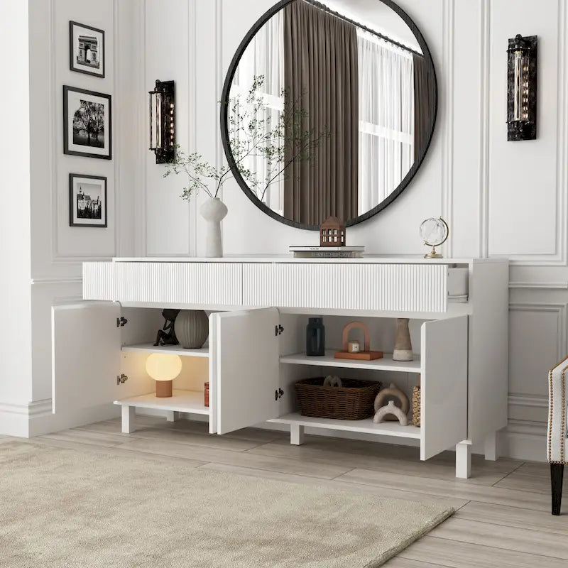 Buffet en laque blanche avec 4 portes, 2 tiroirs et étagères réglables