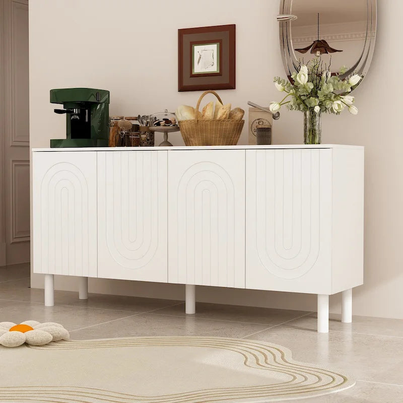 Buffet bas en MDF avec pieds en pin et portes cintrées blanches