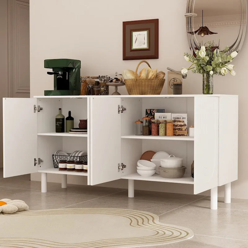Buffet bas en MDF avec pieds en pin et portes cintrées blanches
