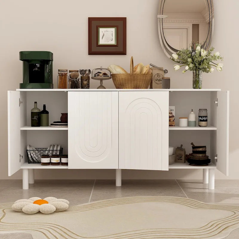 Buffet bas en MDF avec pieds en pin et portes cintrées blanches