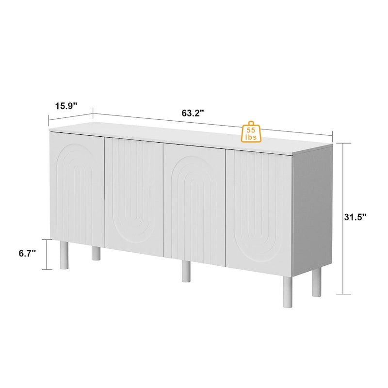Buffet bas en MDF avec pieds en pin et portes cintrées blanches