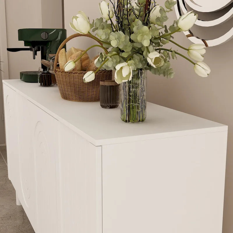 Buffet bas en MDF avec pieds en pin et portes cintrées blanches