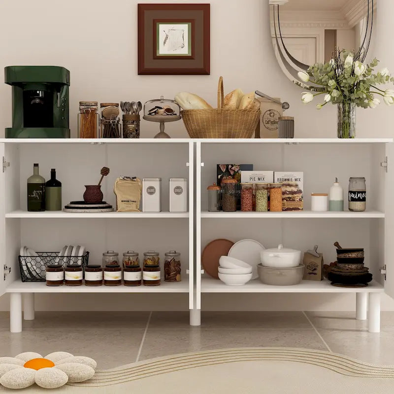 Buffet bas en MDF avec pieds en pin et portes cintrées blanches