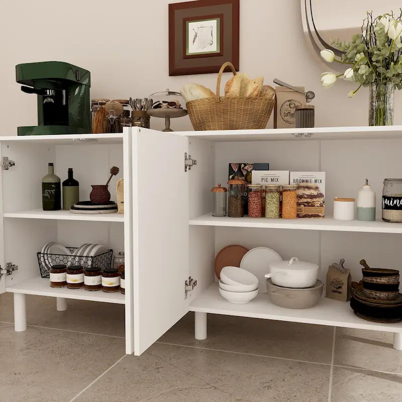 Buffet bas en MDF avec pieds en pin et portes cintrées blanches