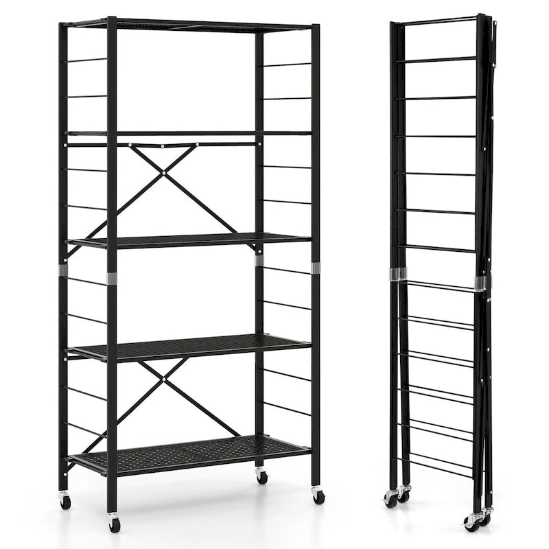 Étagère de rangement pliable en métal noir à 5 niveaux avec roulettes verrouillables