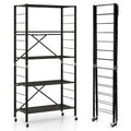 Étagère de rangement pliable en métal noir à 5 niveaux avec roulettes verrouillables