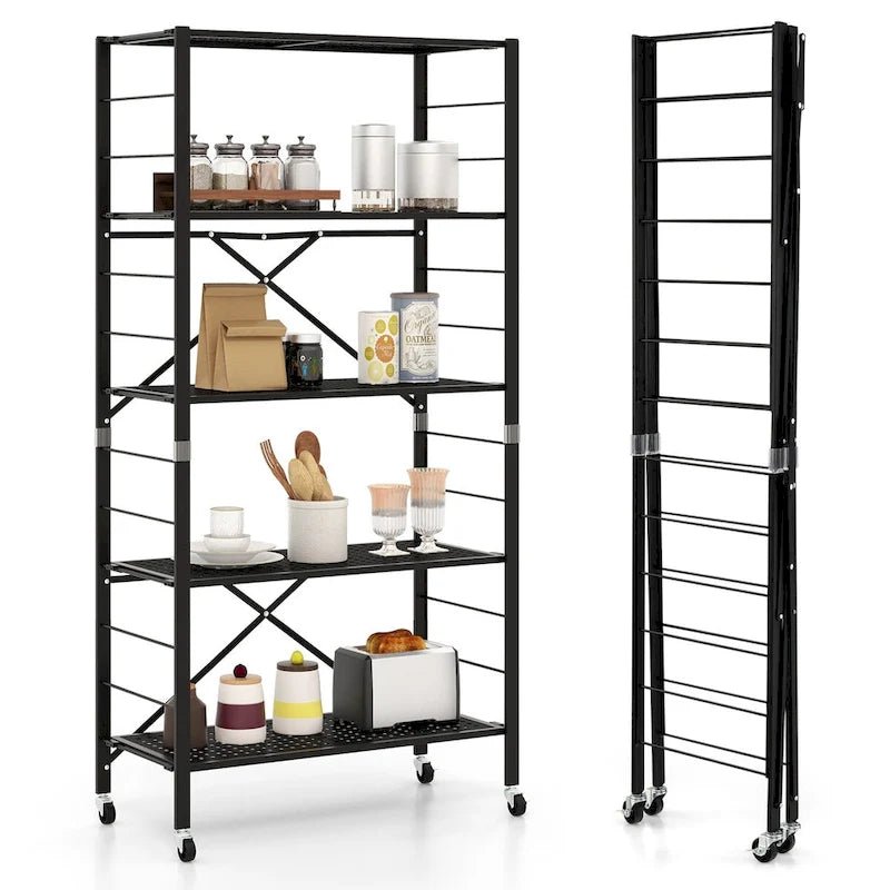 Étagère de rangement pliable en métal noir à 5 niveaux avec roulettes verrouillables