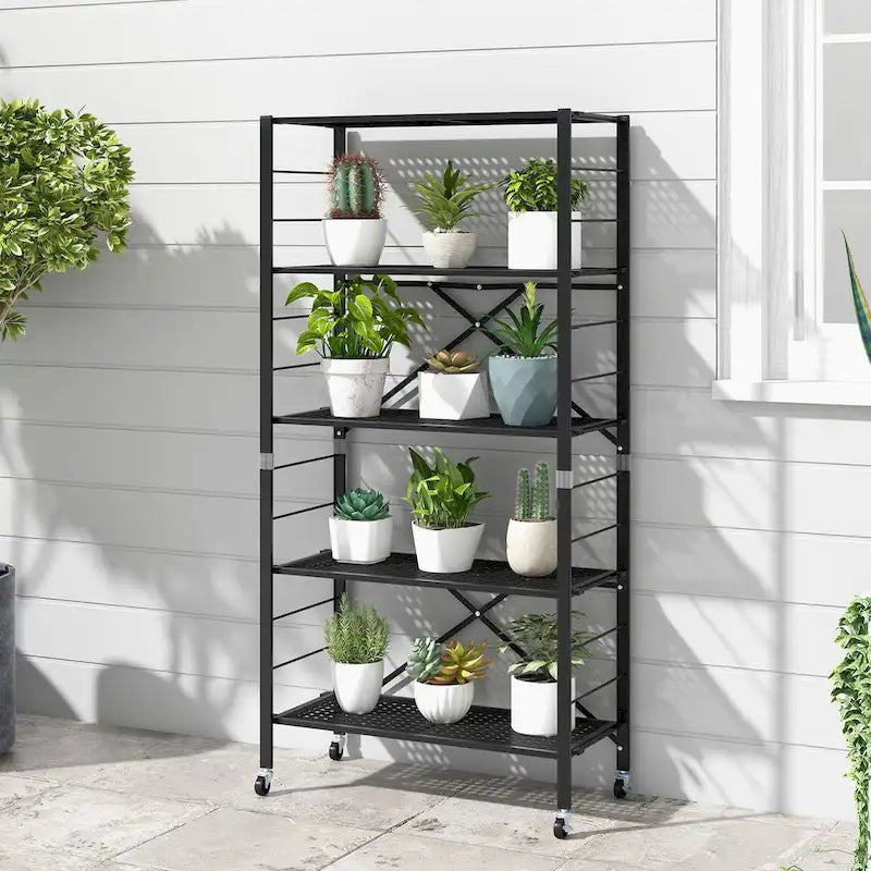 Étagère de rangement pliable en métal noir à 5 niveaux avec roulettes verrouillables