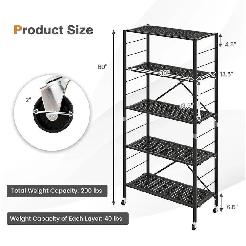 Étagère de rangement pliable en métal noir à 5 niveaux avec roulettes verrouillables