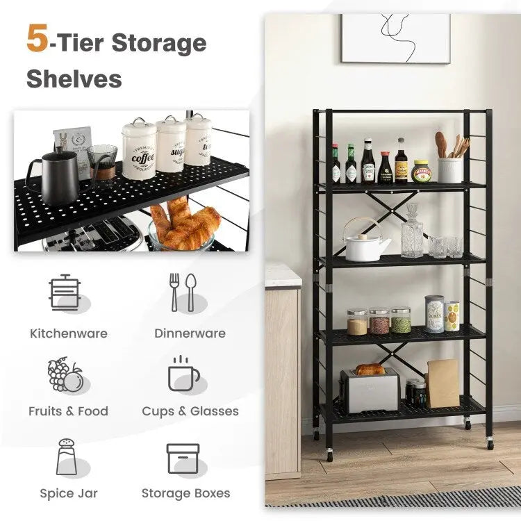 Étagère de rangement pliable en métal noir à 5 niveaux avec roulettes verrouillables