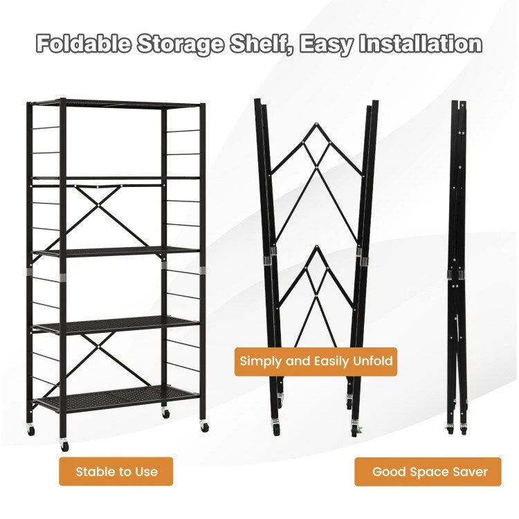 Étagère de rangement pliable en métal noir à 5 niveaux avec roulettes verrouillables