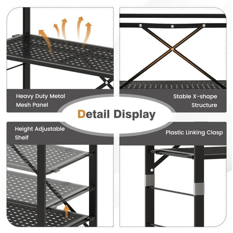Étagère de rangement pliable en métal noir à 5 niveaux avec roulettes verrouillables