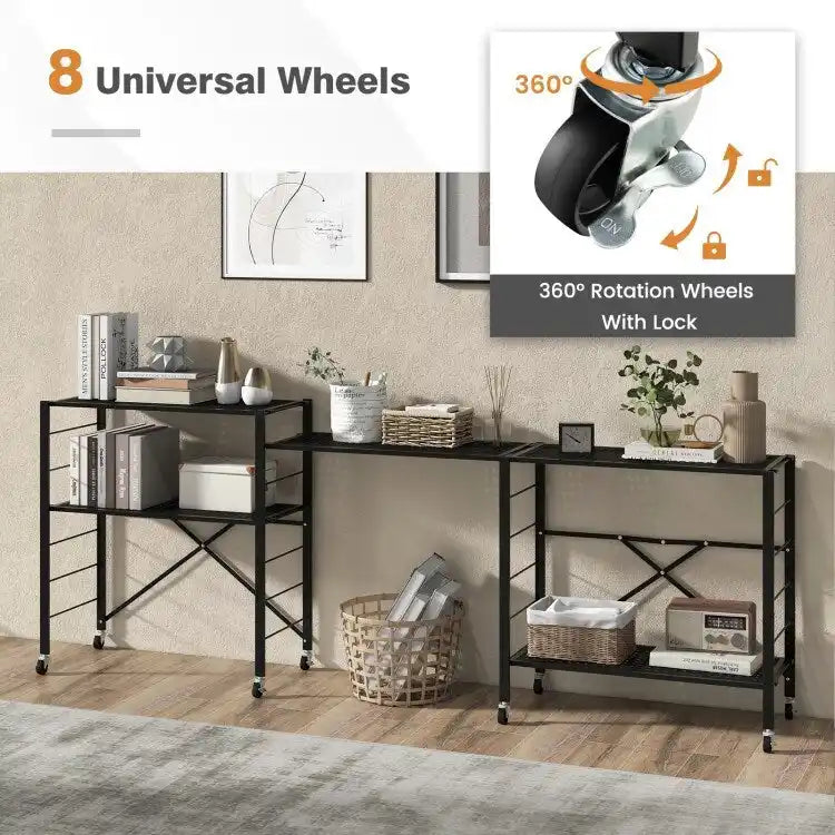 Étagère de rangement pliable en métal noir à 5 niveaux avec roulettes verrouillables