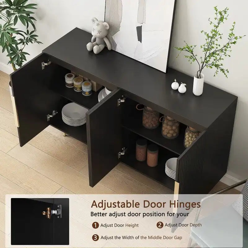 Bahut de rangement moderne à panneaux cannelés avec étagères réglables et poignées métalliques Blanc Noir