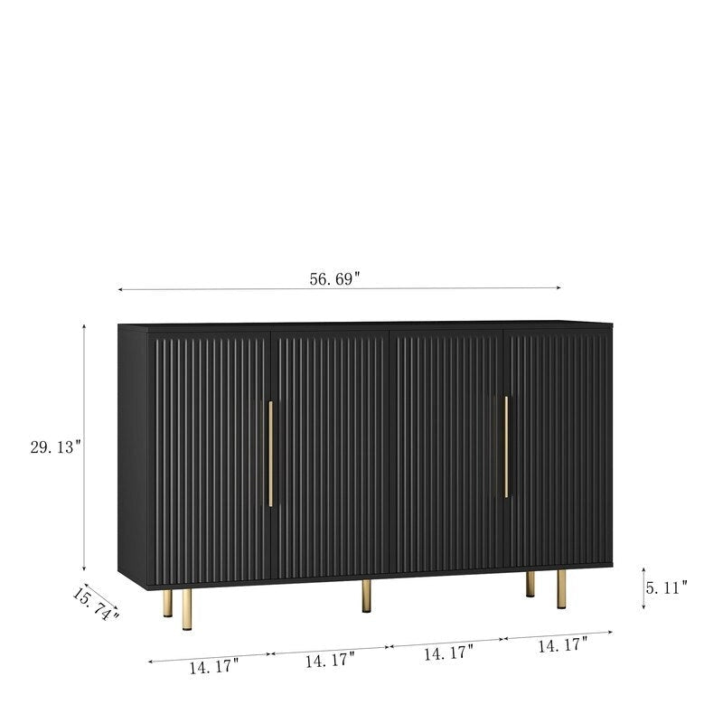 Bahut de rangement moderne à panneaux cannelés avec étagères réglables et poignées métalliques Blanc Noir