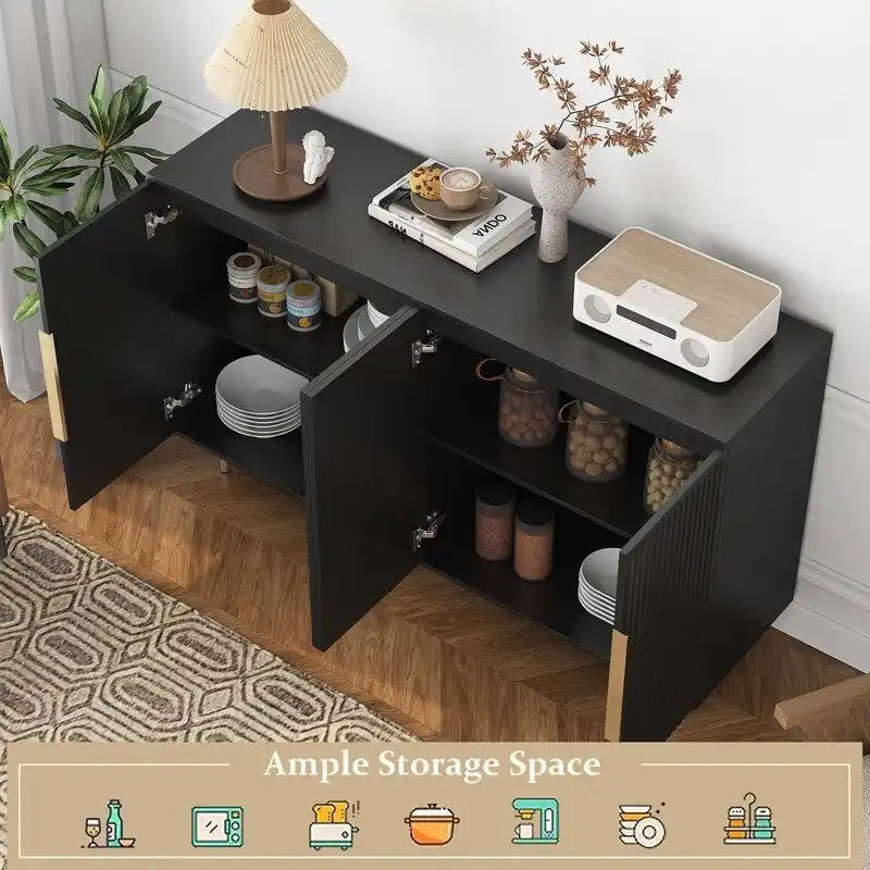 Bahut de rangement moderne à panneaux cannelés avec étagères réglables et poignées métalliques Blanc Noir