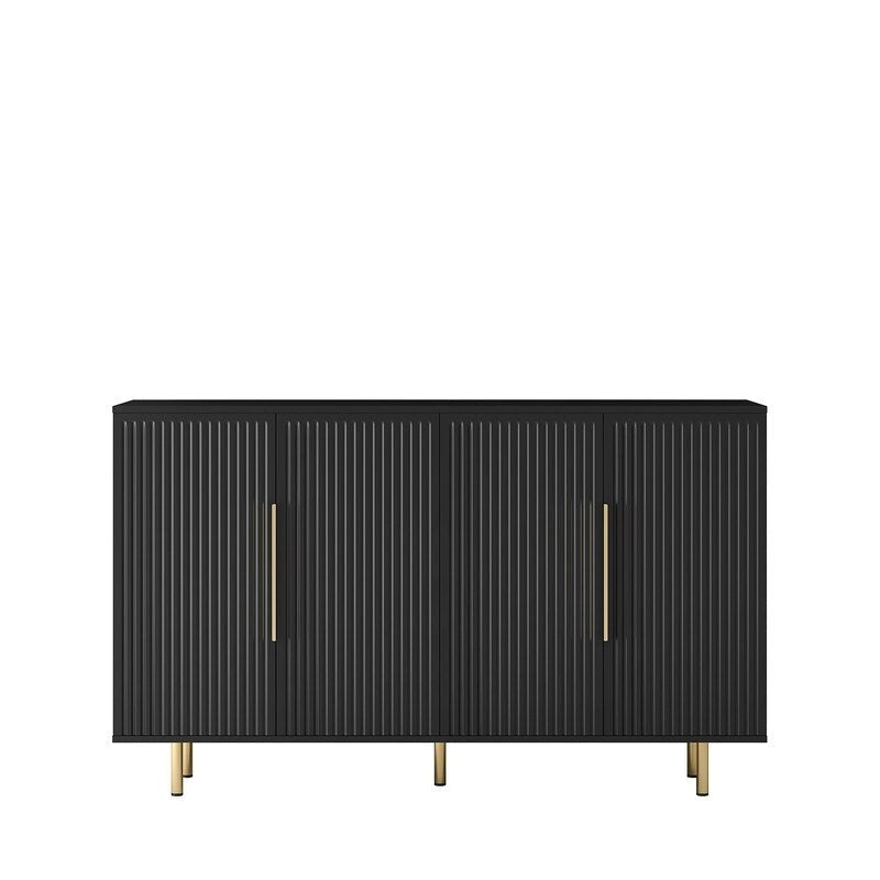 Bahut de rangement moderne à panneaux cannelés avec étagères réglables et poignées métalliques Blanc Noir