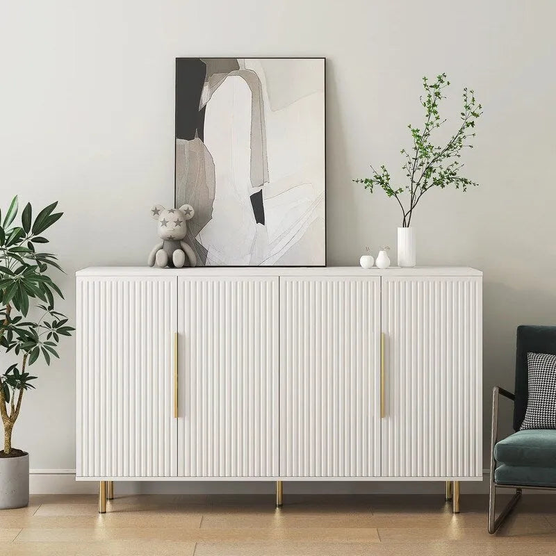 Bahut de rangement moderne à panneaux cannelés avec étagères réglables et poignées métalliques Blanc Noir