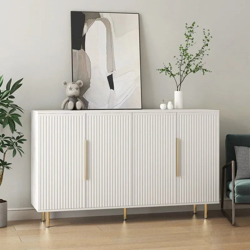 Bahut de rangement moderne à panneaux cannelés avec étagères réglables et poignées métalliques Blanc Noir