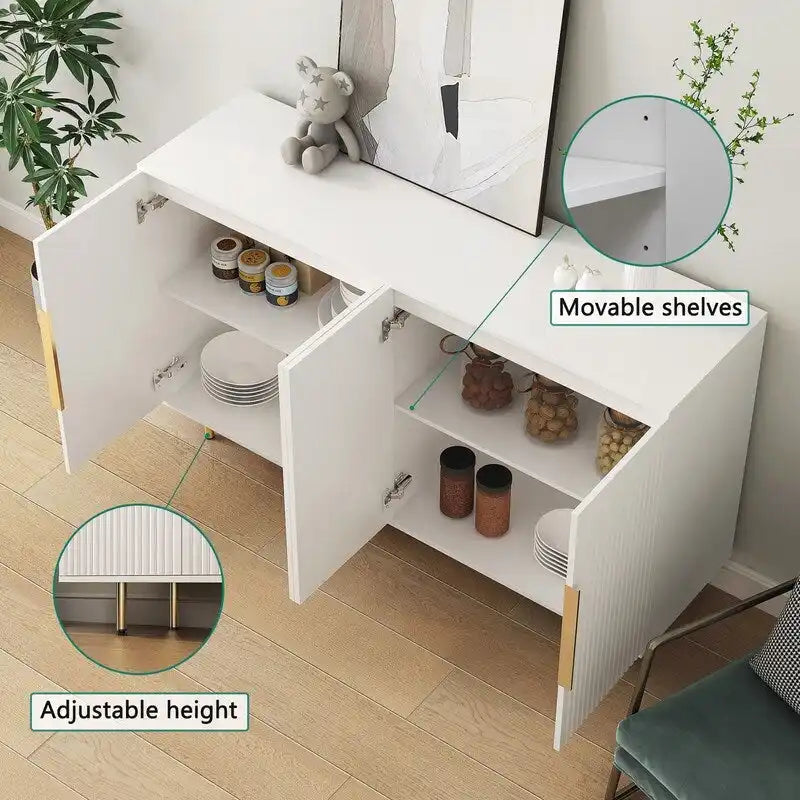 Bahut de rangement moderne à panneaux cannelés avec étagères réglables et poignées métalliques Blanc Noir
