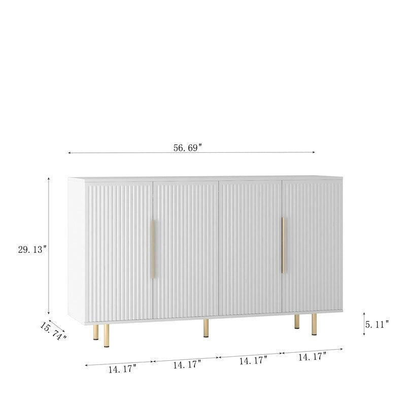 Bahut de rangement moderne à panneaux cannelés avec étagères réglables et poignées métalliques Blanc Noir