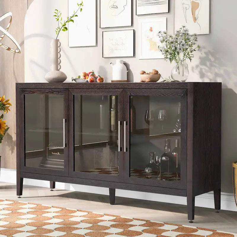 Meuble de rangement minimaliste vitré avec étagères réglables et cadre en bois