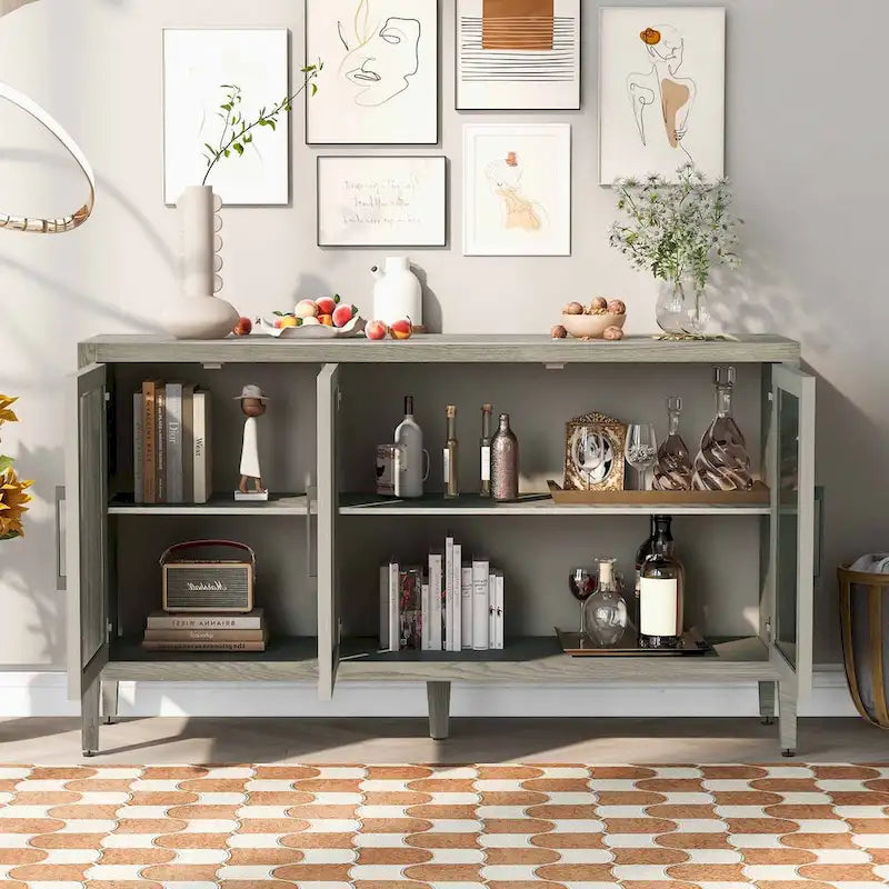 Meuble de rangement minimaliste vitré avec étagères réglables et cadre en bois