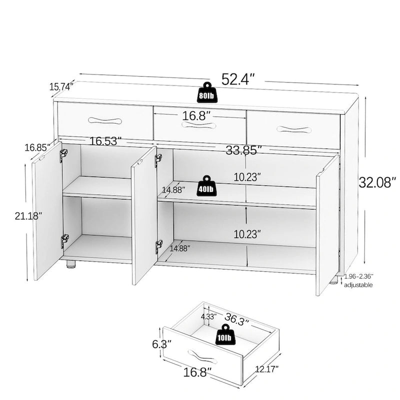 Bahut de rangement 3 portes avec tiroirs Blanc Moderne en MDF