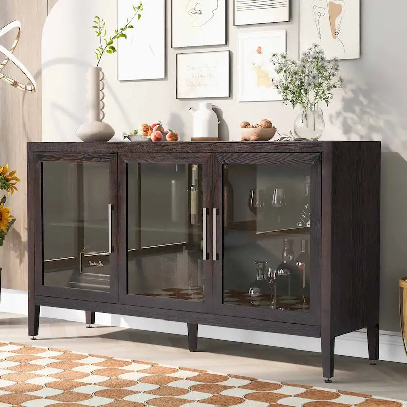 Buffet en bois moderne avec trois portes en verre trempé et étagères réglables
