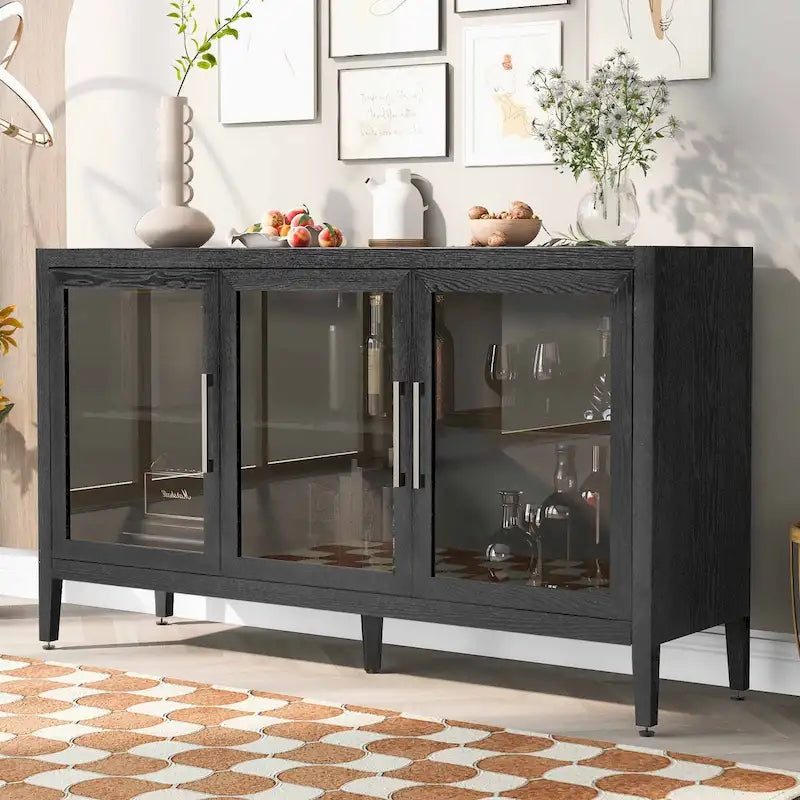 Buffet en bois moderne avec trois portes en verre trempé et étagères réglables