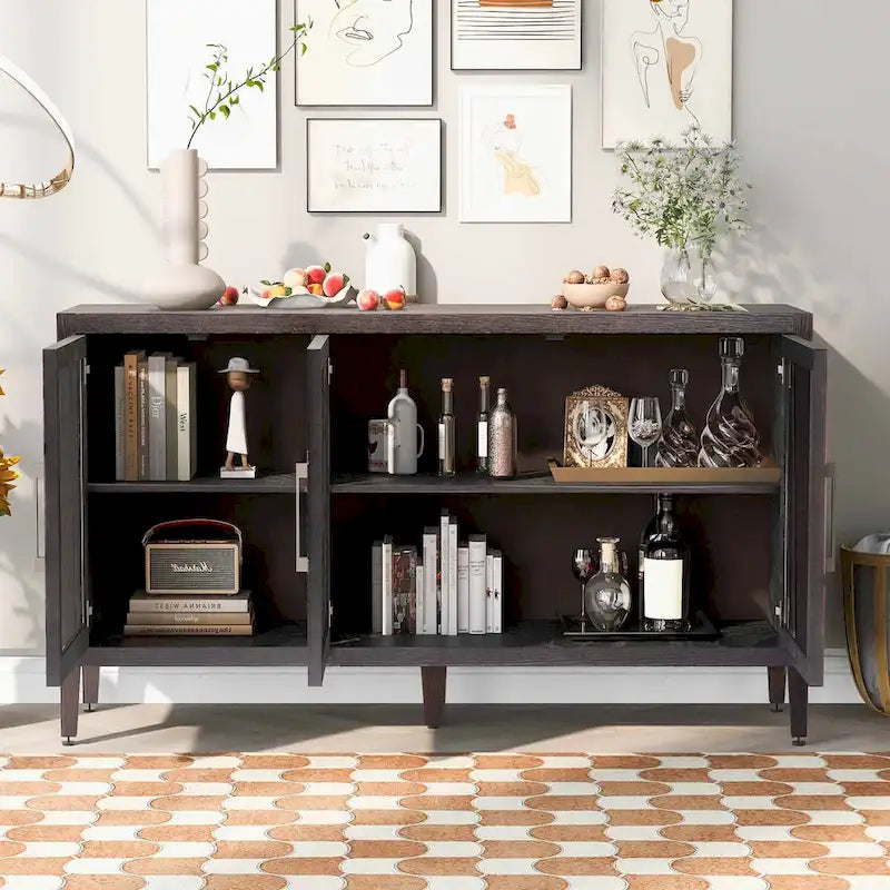 Buffet en bois moderne avec trois portes en verre trempé et étagères réglables