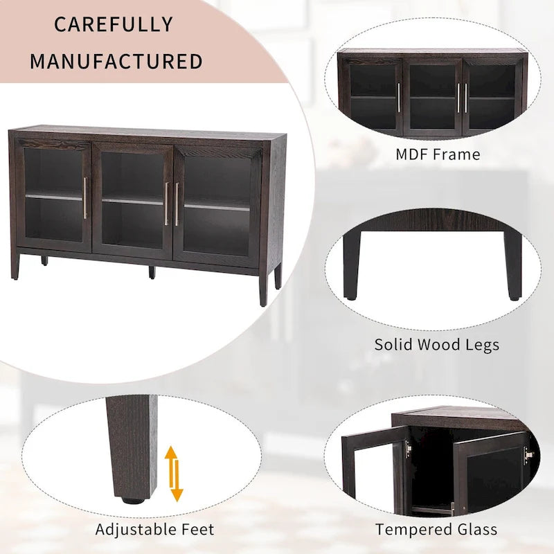 Buffet en bois moderne avec trois portes en verre trempé et étagères réglables