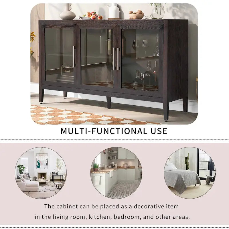 Buffet en bois moderne avec trois portes en verre trempé et étagères réglables