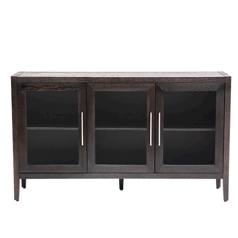 Buffet en bois moderne avec trois portes en verre trempé et étagères réglables