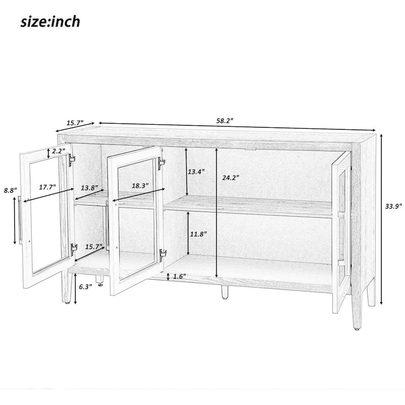 Buffet en bois moderne avec trois portes en verre trempé et étagères réglables