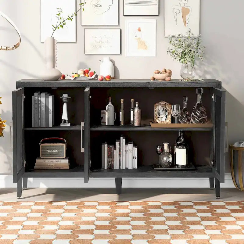 Buffet en bois moderne avec trois portes en verre trempé et étagères réglables