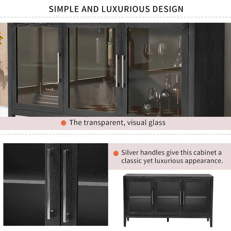 Buffet en bois moderne avec trois portes en verre trempé et étagères réglables