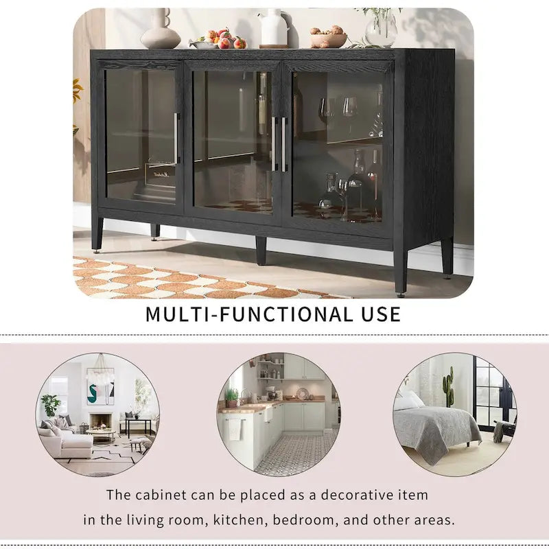 Buffet en bois moderne avec trois portes en verre trempé et étagères réglables