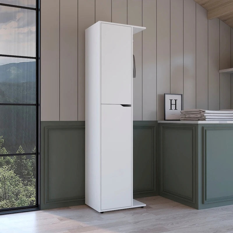 Grand meuble de rangement pour balais en bois composite blanc, avec deux portes et quatre étagères