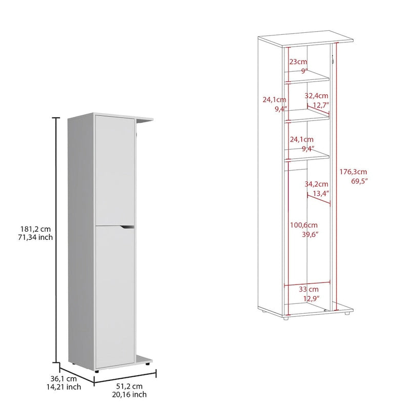 Grand meuble de rangement pour balais en bois composite blanc, avec deux portes et quatre étagères