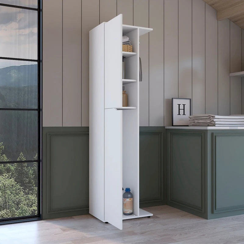 Grand meuble de rangement pour balais en bois composite blanc, avec deux portes et quatre étagères
