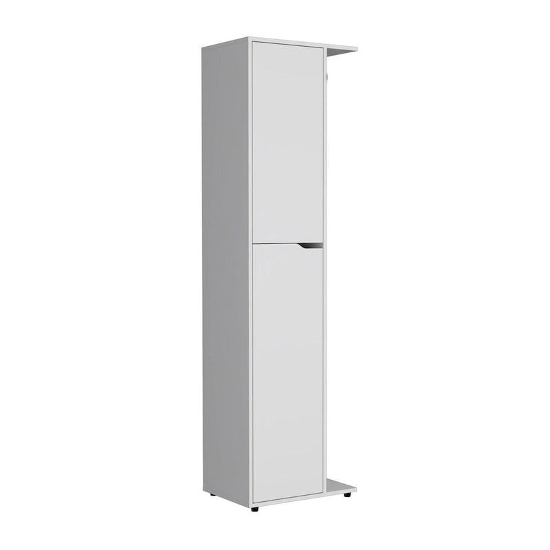 Grand meuble de rangement pour balais en bois composite blanc, avec deux portes et quatre étagères