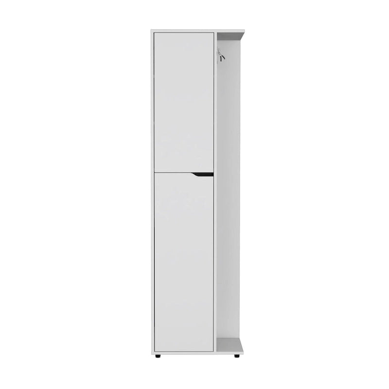 Grand meuble de rangement pour balais en bois composite blanc, avec deux portes et quatre étagères