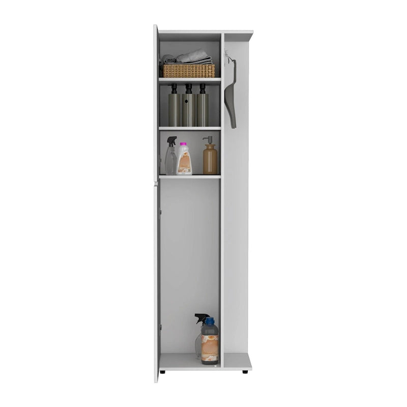 Grand meuble de rangement pour balais en bois composite blanc, avec deux portes et quatre étagères