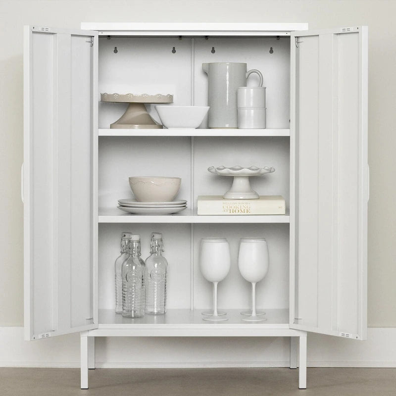 Meuble de rangement contemporain à deux portes avec étagères réglables Blanc pur